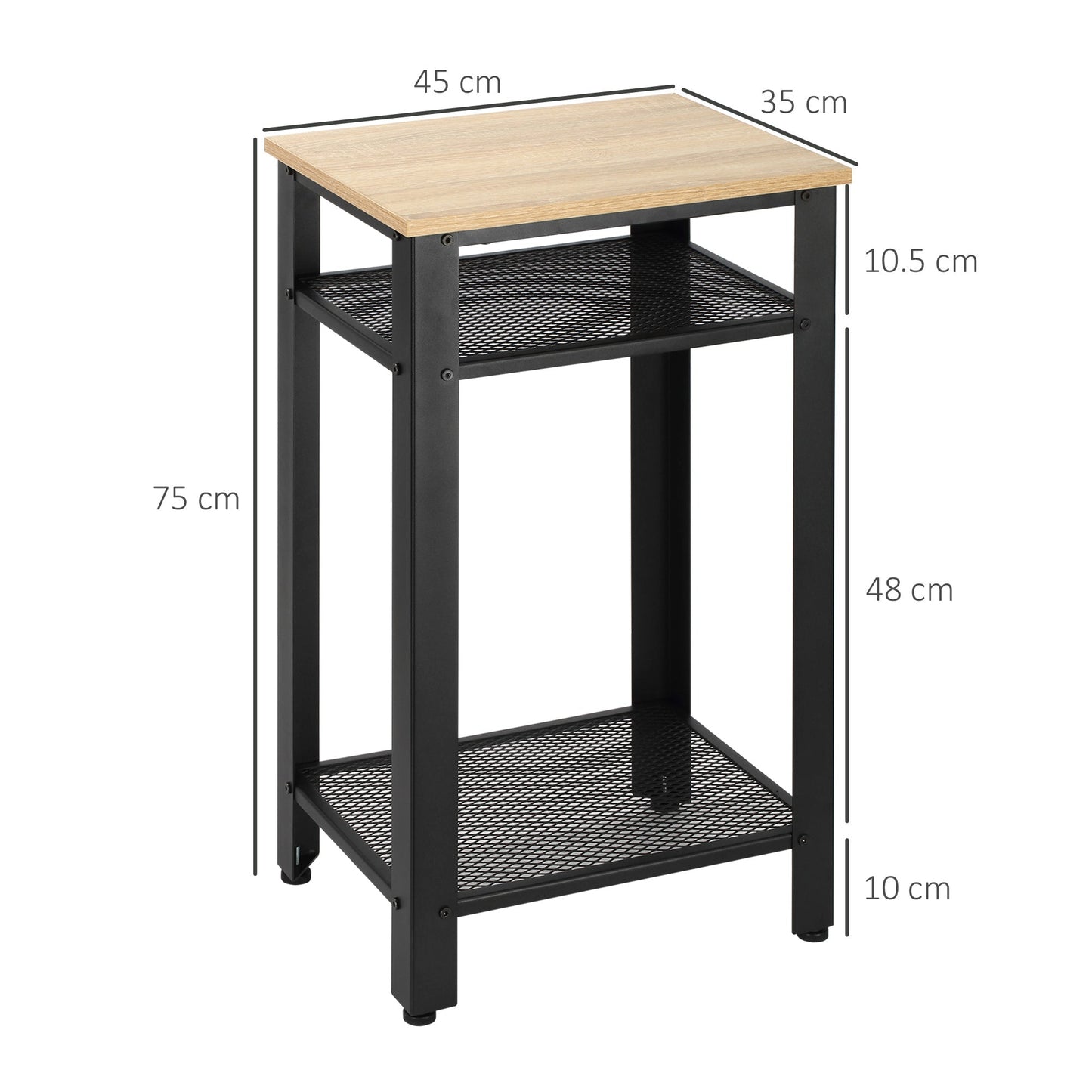 HOMCOM Tall Side Table Set of 2 with 3 Layer, 2 Shelves Storage Display Industrial-Style, Metal Frame, Bedside End Table for Living Room Bedroom, Oak and Black
