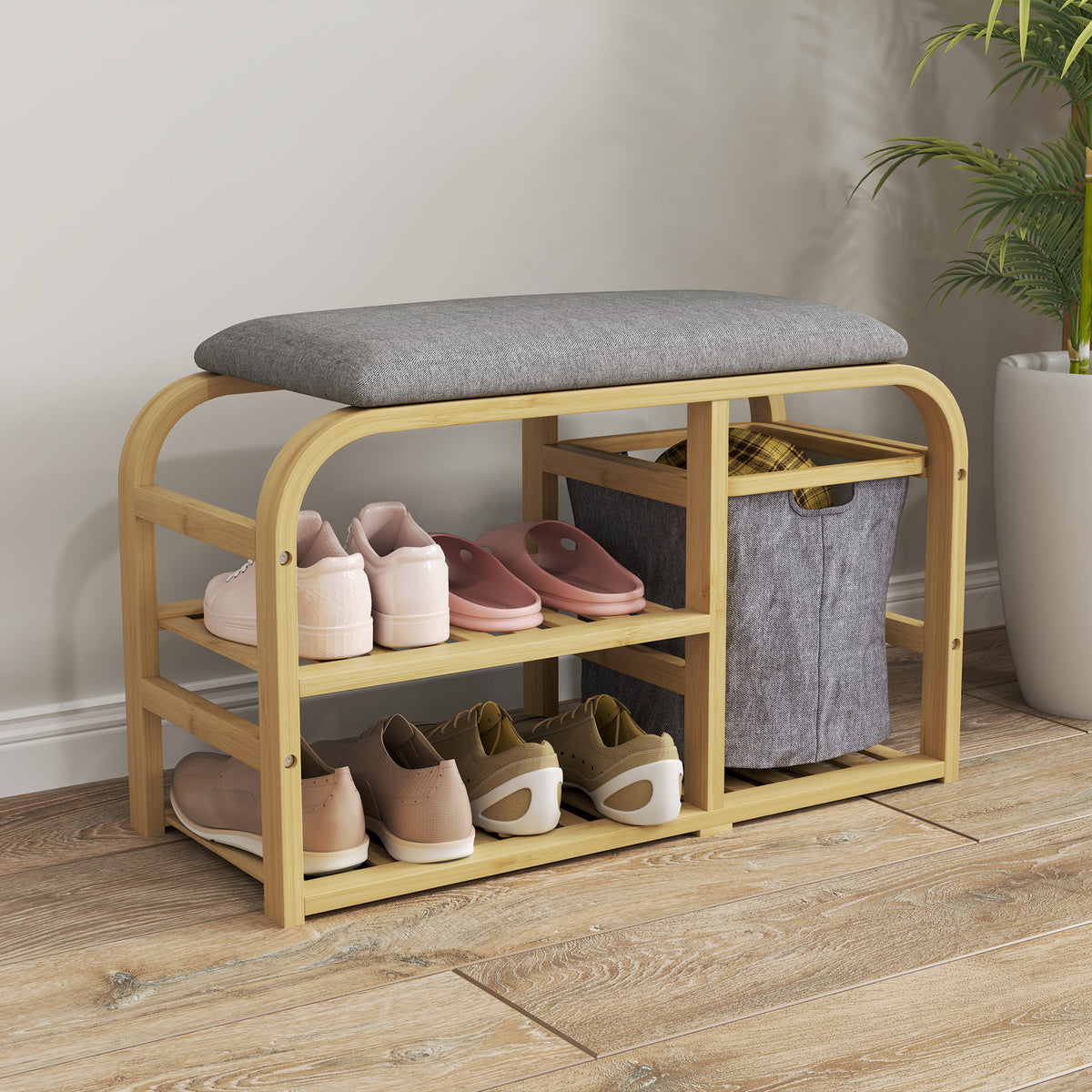 HOMCOM Bamboo Shoe Rack Bench with Padded Seat in a Natural Wood Finish