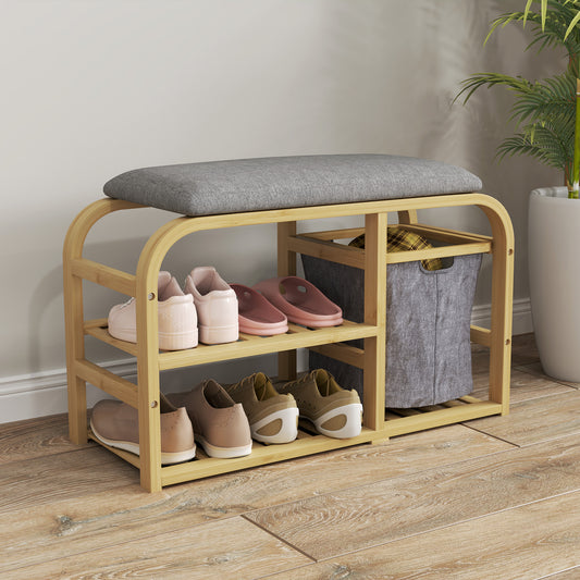 HOMCOM Bamboo Shoe Rack Bench with Padded Seat in a Natural Wood Finish