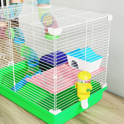 PawHut 2 Tier Hamster Cage, Gerbil Cage with Handle, Exercise Wheels, Tunnel, Water Bottle, Dishes, Ladder, for Dwarf