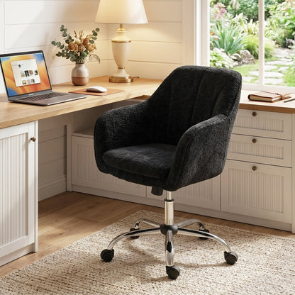 HOMCOM Modern Makeup Vanity Chair, Snow Flannel Office Chair with Tub Back, Black