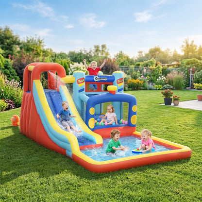Outsunny 4-in-1 Bouncy Castle, with Slide, Trampoline, Climbing Wall, Blower, Multicoloured