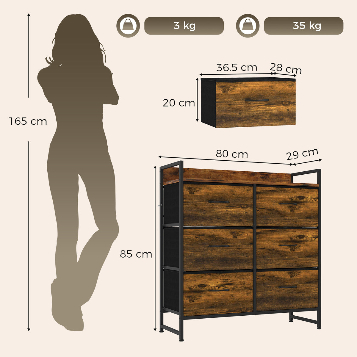 HOMCOM Rustic Chest of Six Fabric Drawers in Rustic Brown
