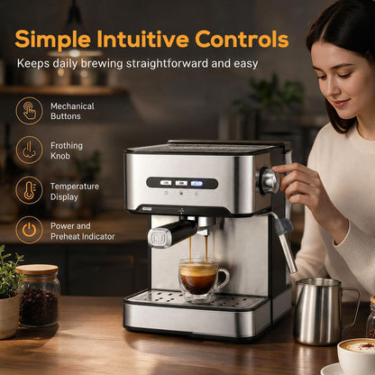 HOMCOM Espresso Machine, 20-Bar Semi Automatic Cappuccino Coffee Maker with Frother Wand, 1.6 L Water Tank, Black and Silver
