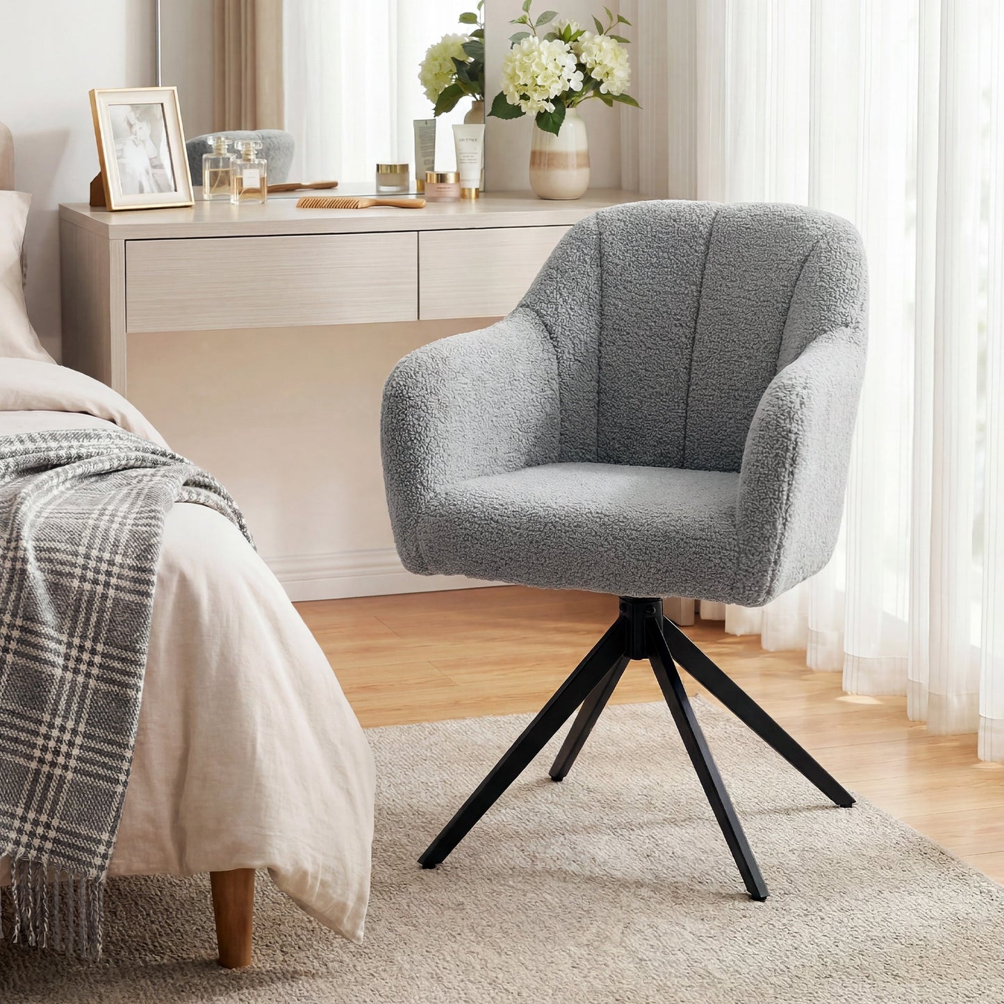 HOMCOM 360 Degree Swivel Accent Chair, Snow Flannel Armchair, Grey