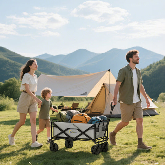 Outsunny Folding Pull Along Cart Cargo Wagon Trolley in Dark Grey