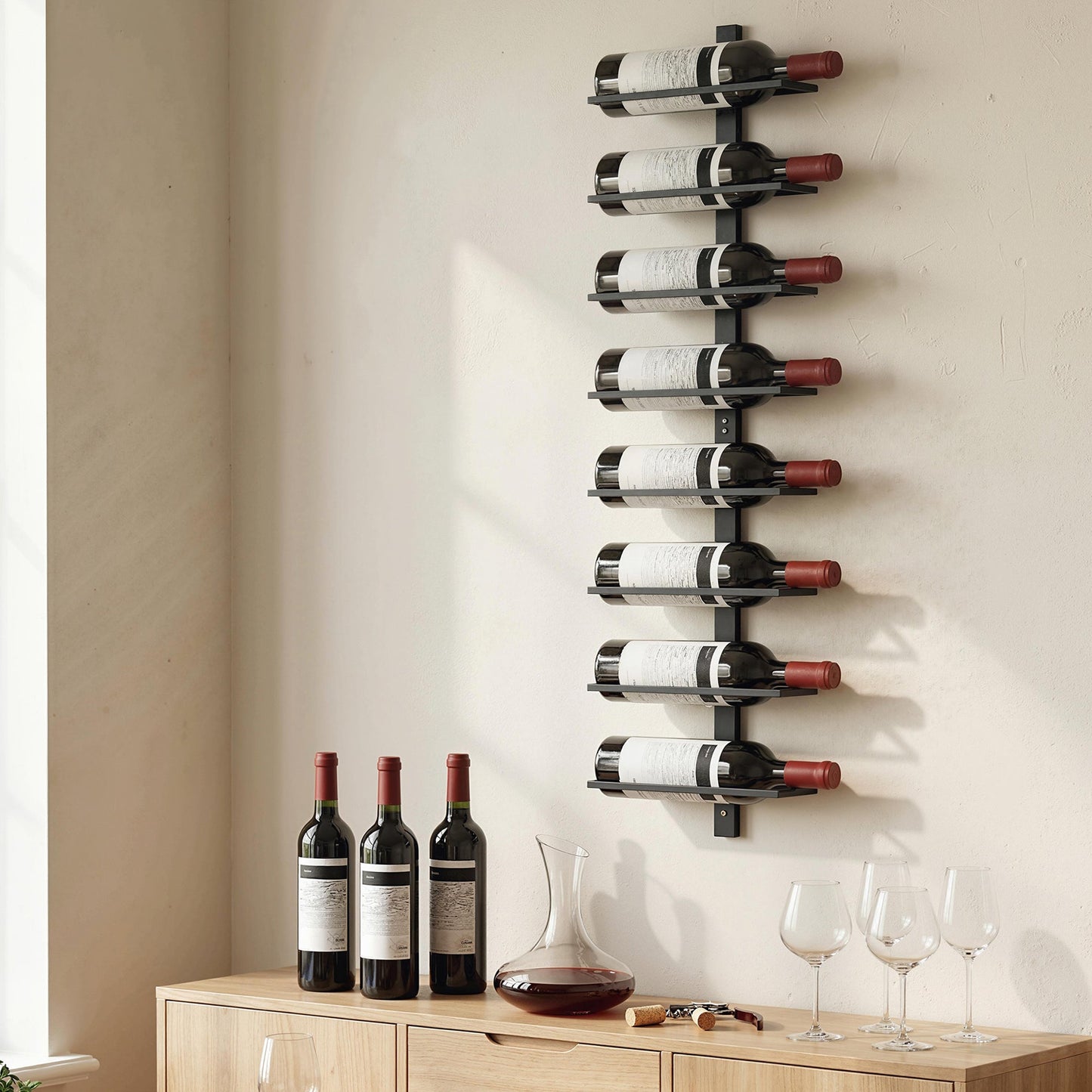 HOMCOM Wall Mounted Wine Rack, 8 Tier Metal Wine Display Rack, Storage Holder for Kitchen, Black