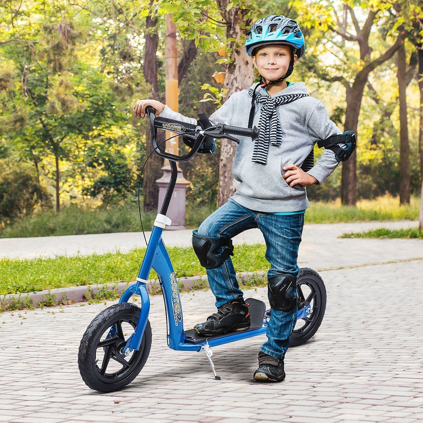 HOMCOM Kids Scooter Kick Scooter, with 12" EVA Tyres, Rear Brake, Big Wheels Scooter for 5-12 Years, Blue