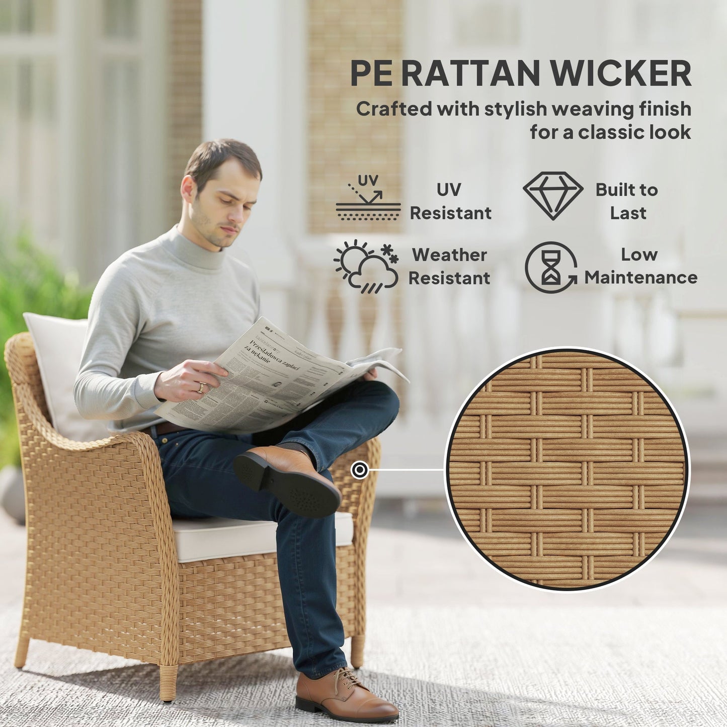 Outsunny Rattan Garden Chairs Set of 2, Outdoor Rattan Chairs with Cushions, Armrests and High Back, PE Wicker Garden Armchair with Steel Frame for Balcony, Porch, Beige