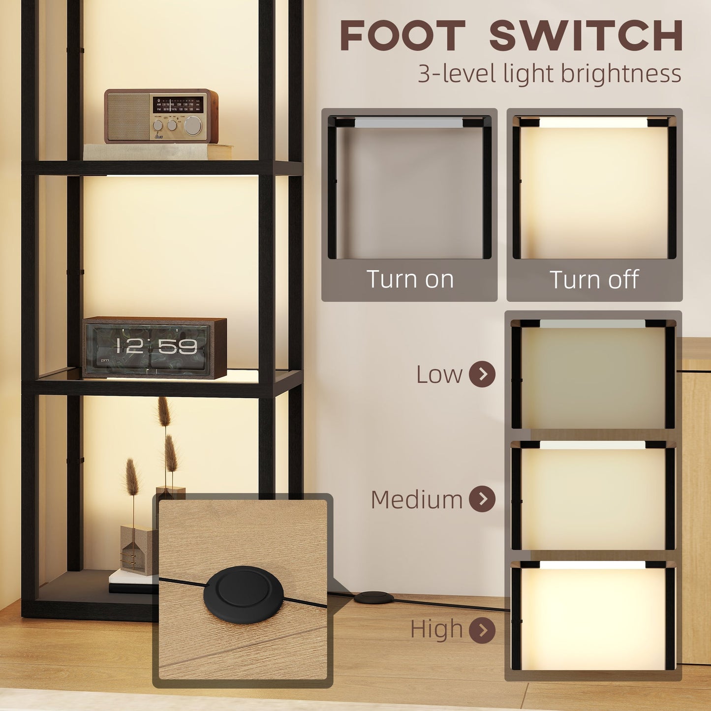 مصباح أرضي LED من HOMCOM مع أرفف زجاجية، مصباح أرضي طويل بـ 4 طبقات قابل للتعتيم، مصباح أرضي حديث مع أرفف على شكل عمود لغرفة المعيشة وغرفة النوم والمكتب، أسود