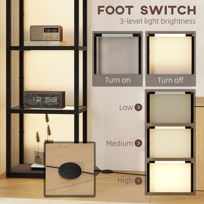 مصباح أرضي LED من HOMCOM مع أرفف زجاجية، مصباح أرضي طويل بـ 4 طبقات قابل للتعتيم، مصباح أرضي حديث مع أرفف على شكل عمود لغرفة المعيشة وغرفة النوم والمكتب، أسود