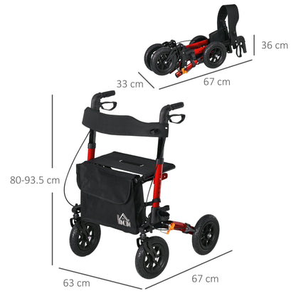 HOMCOM Lightweight Walking Frame, Rubber Wheels, Rollator Walker with Seat and Wheels with Adjustable Handle, Bag, Red