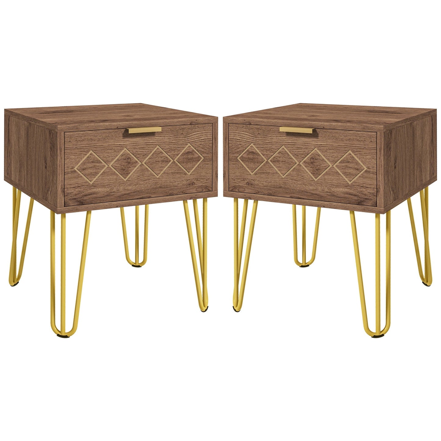 HOMCOM Bedside Table Set of 2 with Drawer, Wooden Nightstand, Modern Sofa Side Table with Gold Tone Metal Legs for Bedroom