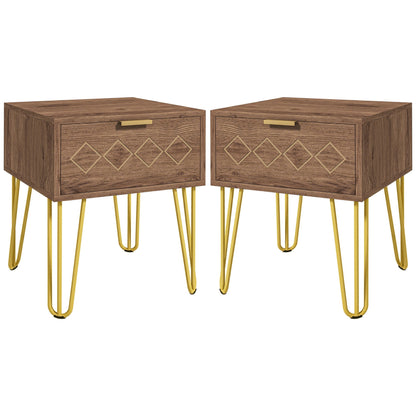 HOMCOM Bedside Table Set of 2 with Drawer, Wooden Nightstand, Modern Sofa Side Table with Gold Tone Metal Legs for Bedroom