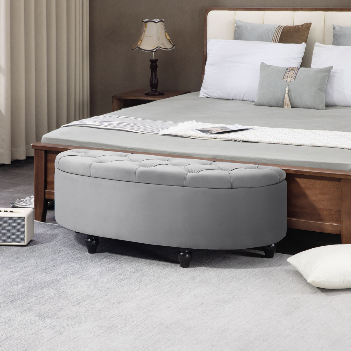 HOMCOM Semi-Circle Ottoman Storage Bench in Light Grey