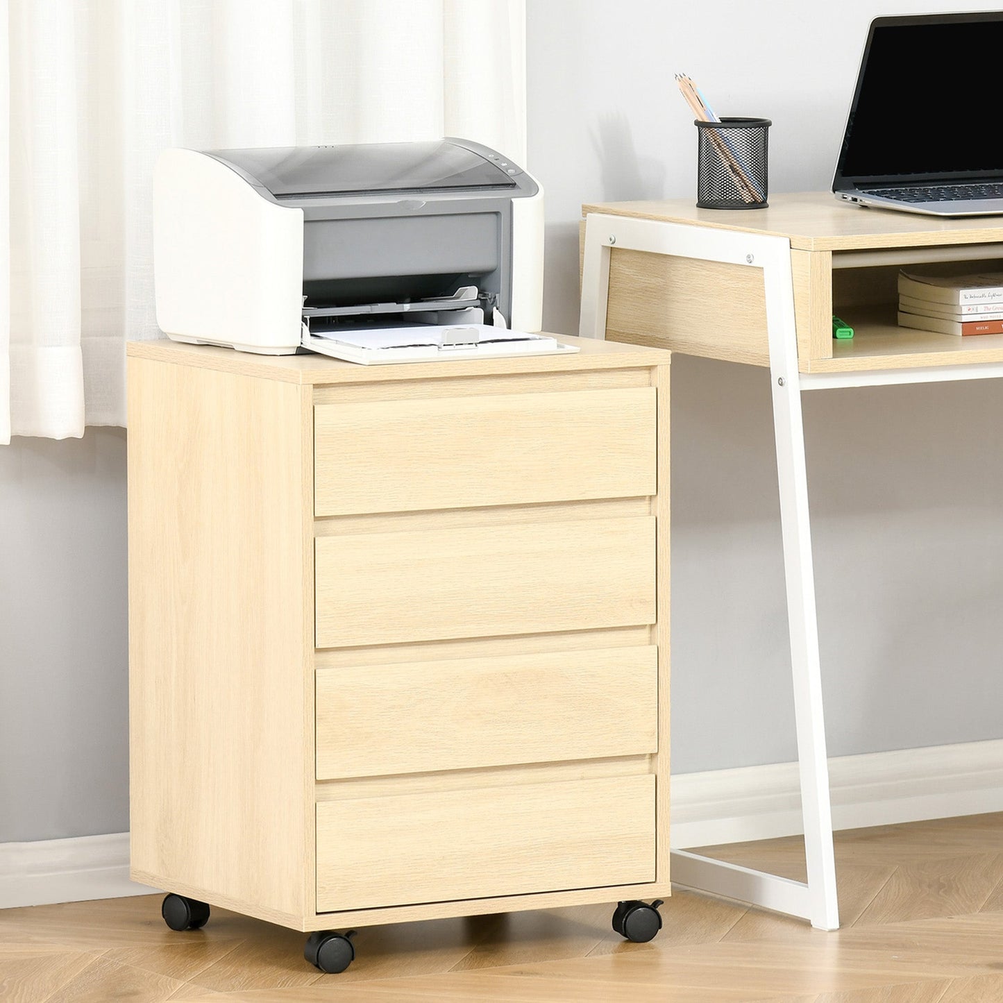 HOMCOM Four-Drawer Office Filing Cabinet, with Wheels - Natural