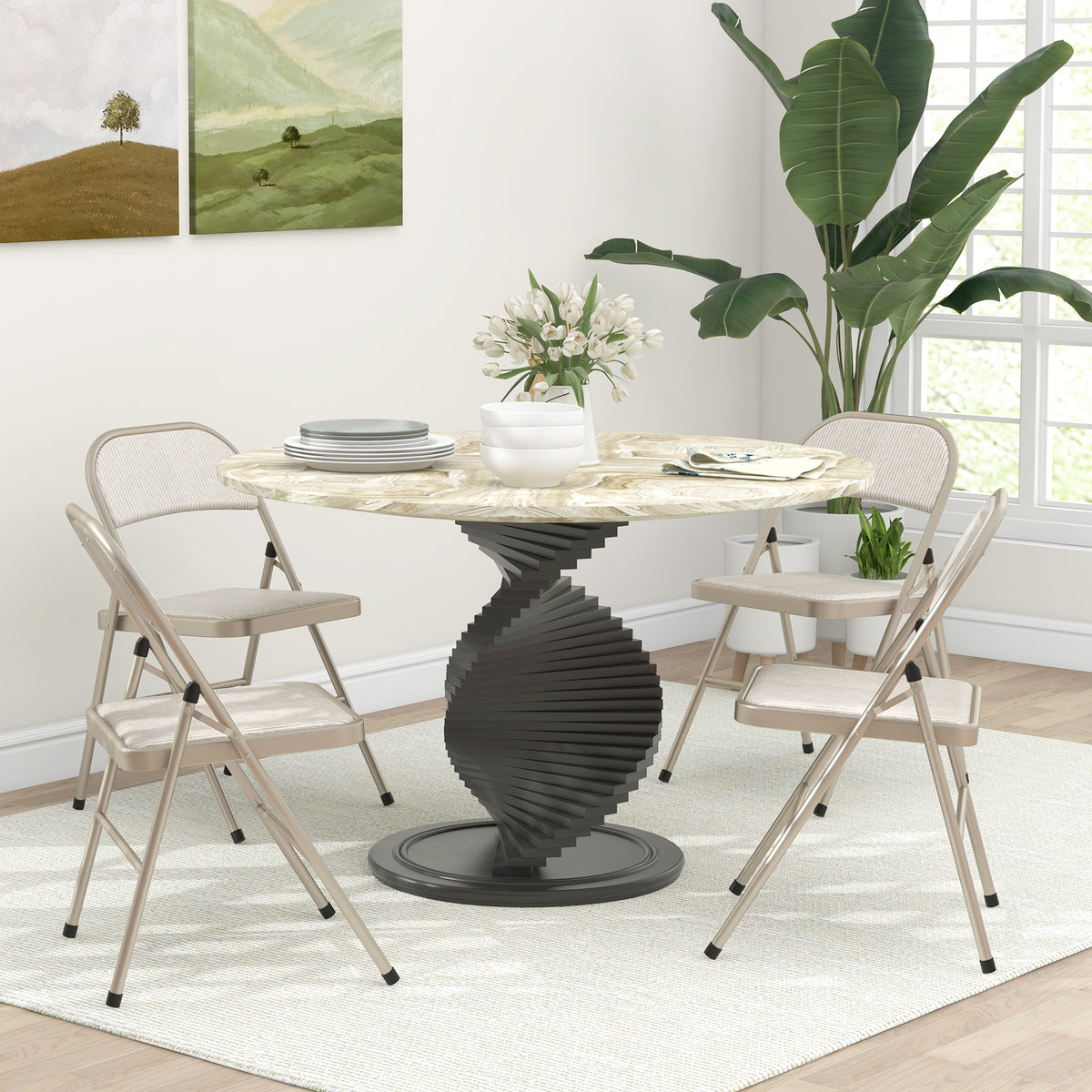 HOMCOM Linen-Look Set of Four Cushioned Folding Chairs in Beige