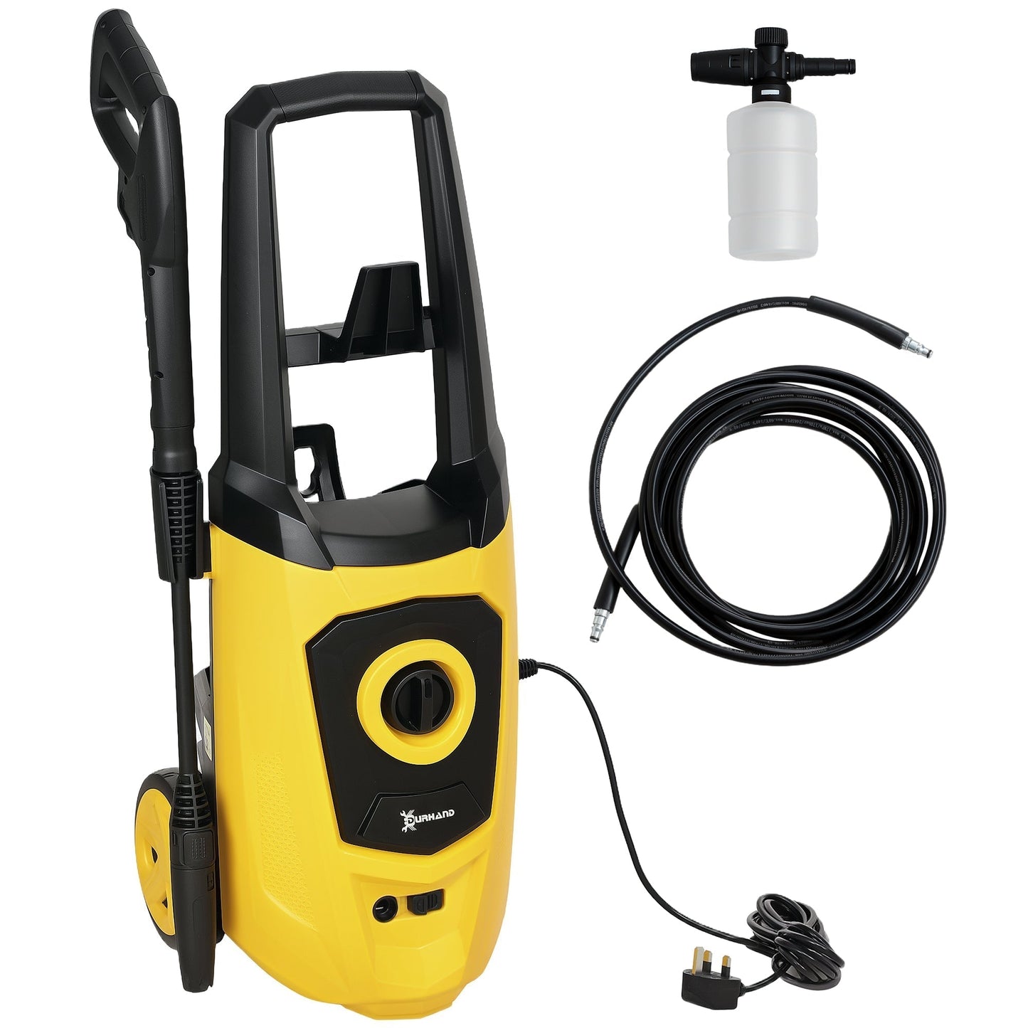DURHAND 1800W High Pressure Washer, 150 Bar Pressure, 510 L/h Flow, High-Performance Portable Power Washer Jet Wash Cleaner with 6M Hose, Snow Foam Bottle for Garden, Car, Furniture, Yellow