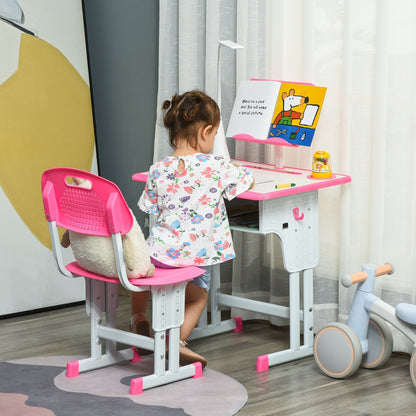 HOMCOM Kids Desk and Chair Set Adjustable Height Study Table Set with Drawer, Book Stand, Pen Slot - Pink
