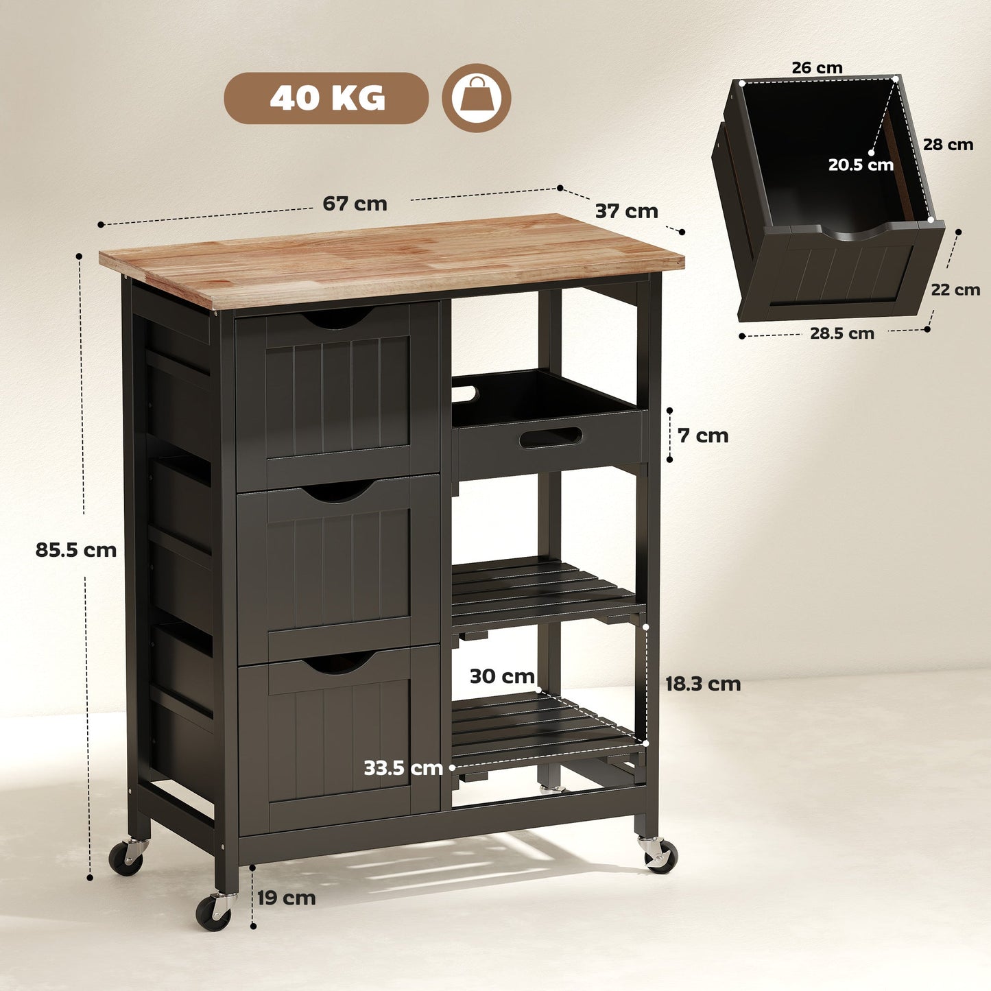 HOMCOM Rolling Kitchen Island Cart, Bar Serving Cart, Compact Trolley on Wheels with Wood Top, Shelves & Drawers for Home Dining Area, Black