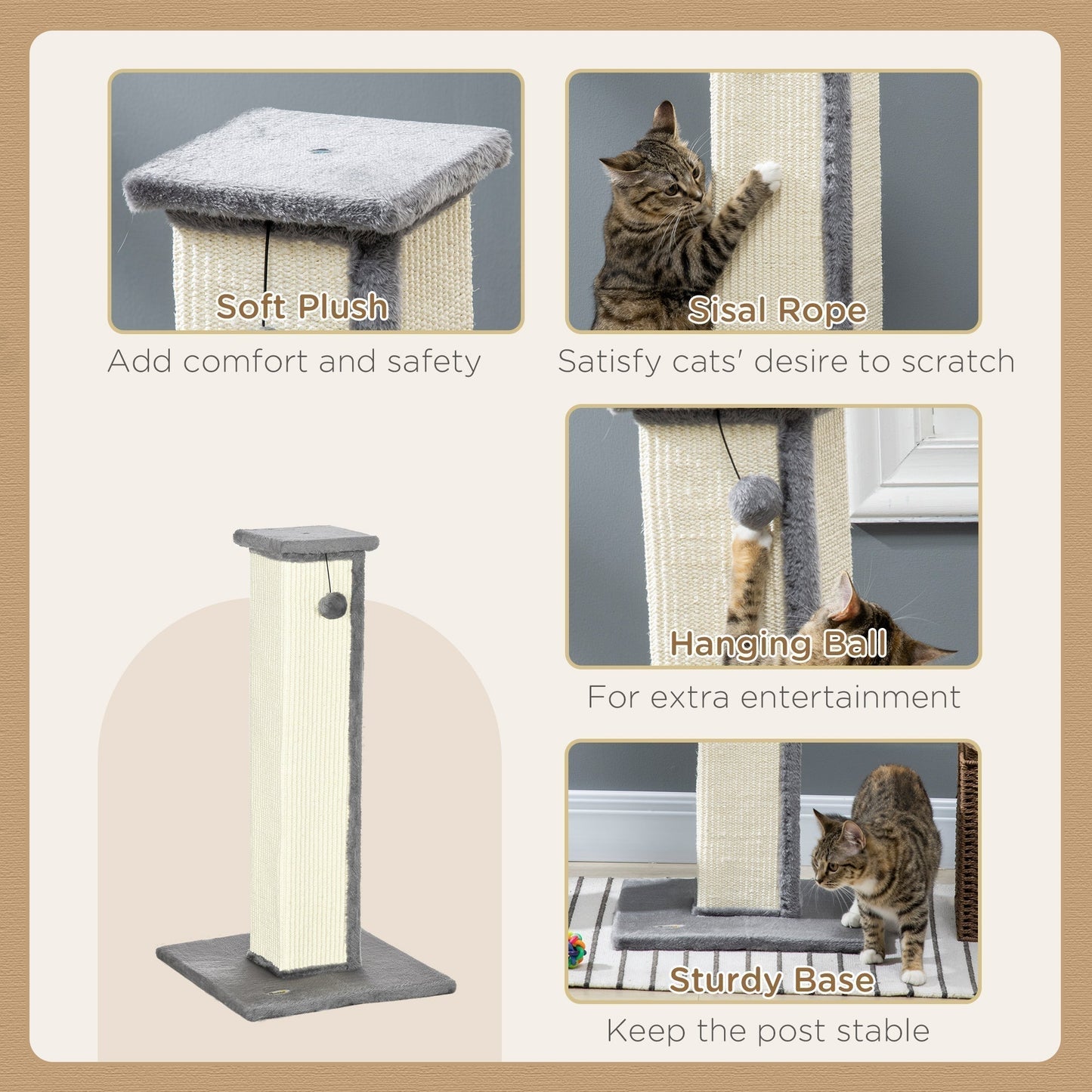 PawHut 81cm Cat Scratcher, Vertical Full Scratcher w/ Natural Sisal Rope, Hanging Ball, Soft Plush - Grey
