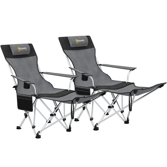 Outsunny Set of 2 Reclining Folding Camping Chair w/ Detachable Footrest, Storage Bag, Cup Holder & Headrest, Lightweight Portable Camp Chair for Beach, Picnic, Grey and Black