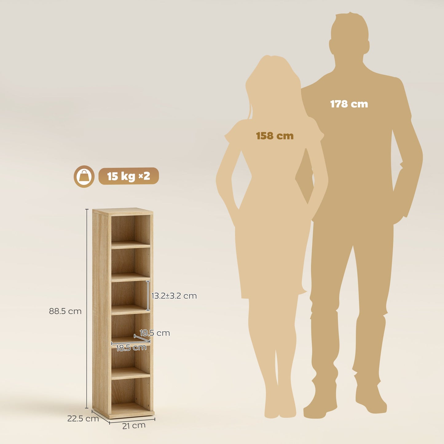 HOMCOM مجموعة من وحدتي رفوف عرض الوسائط والأقراص المدمجة بتصميم برج مع أرفف قابلة للتعديل، لون البلوط