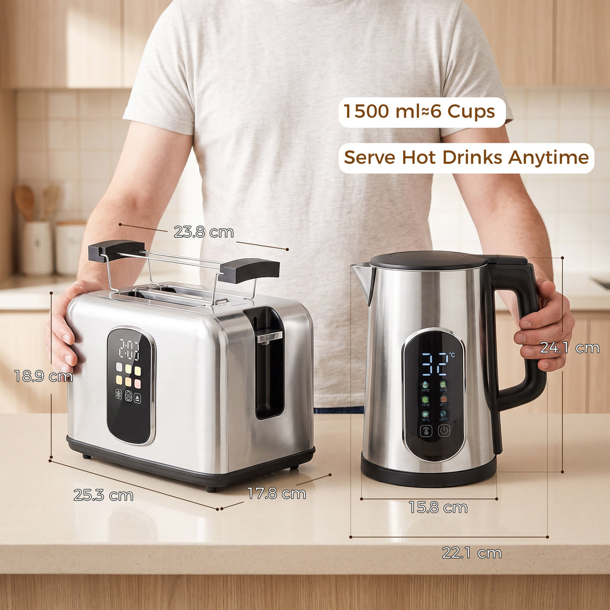 HOMCOM Kettle and Toaster Set with LED Touch Screen in Silver