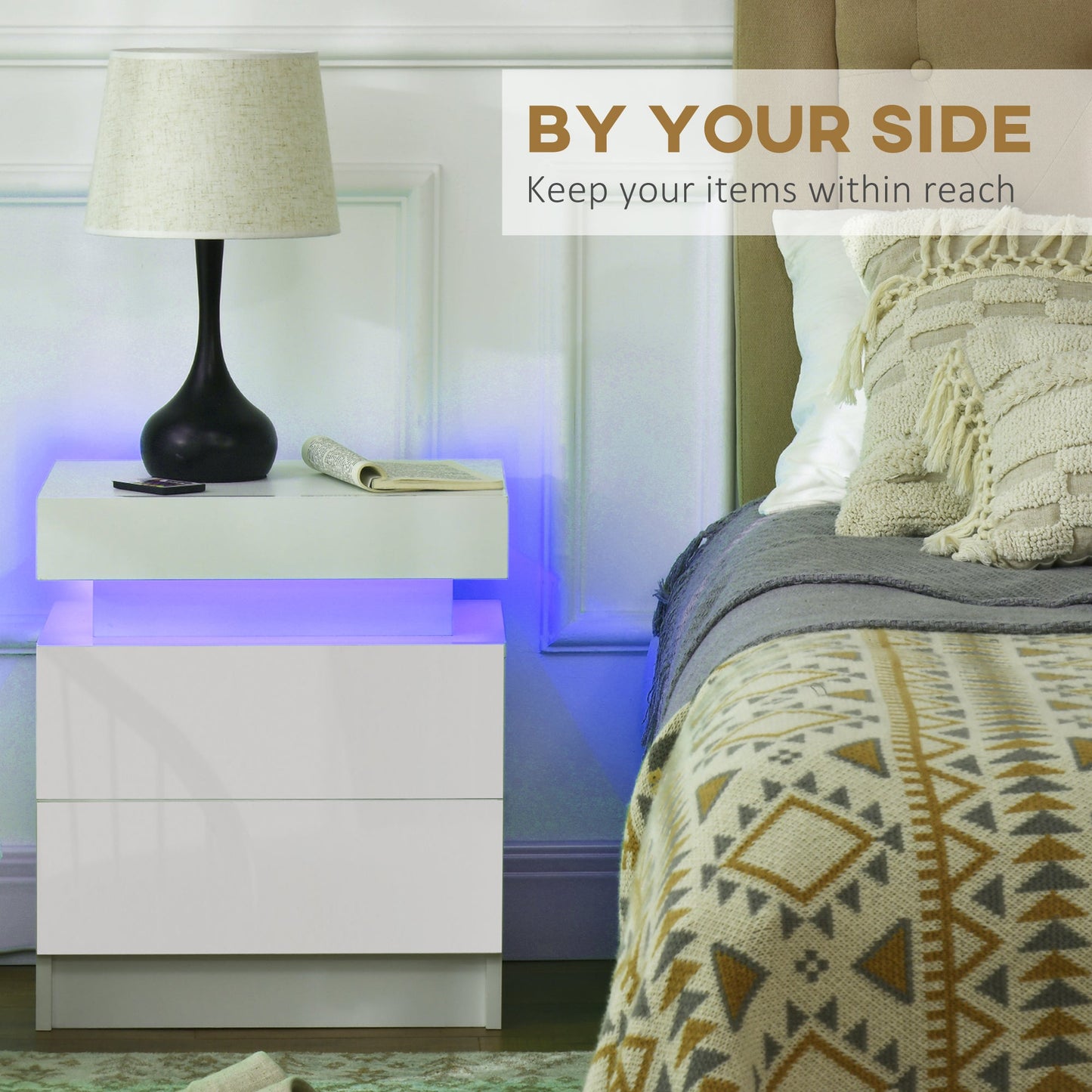 طقم من قطعتين من طاولات السرير البيضاء من HOMCOM بإضاءة LED، طاولات بجانب السرير ذات واجهة لامعة مع 4 أدراج