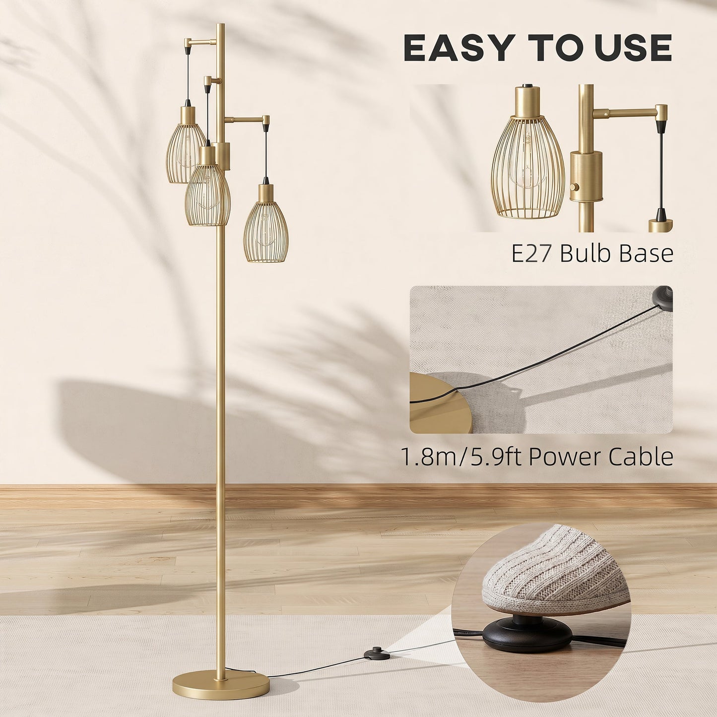 HOMCOM 170.5cm Industrial Dimmable Standing Lamp, 3-Light Floor Lamp with Steel Wire Cage Lampshades, Gold Tone