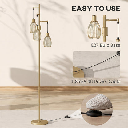 HOMCOM 170.5cm Industrial Dimmable Standing Lamp, 3-Light Floor Lamp with Steel Wire Cage Lampshades, Gold Tone