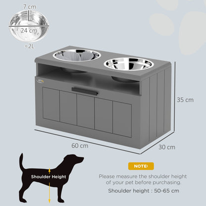 PawHut Raised Dog Bowl with Slow Feeder, Two Stainless Steel Dog Bowls, Drawer, for Large and Extra Large Dogs, Grey