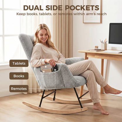 HOMCOM Rocking Chair, Teddy Fleece Rocker Chair with Tufted Wingback, Side Pockets, Rubber Wood Legs, Light Grey