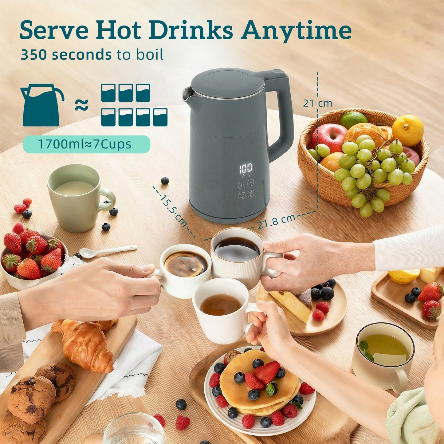 HOMCOM Electric Kettle, 1.7L Fast Boil 3kW Water Kettle with UK Strix Thermostat, LED Display, Keep Warm Function, Grey
