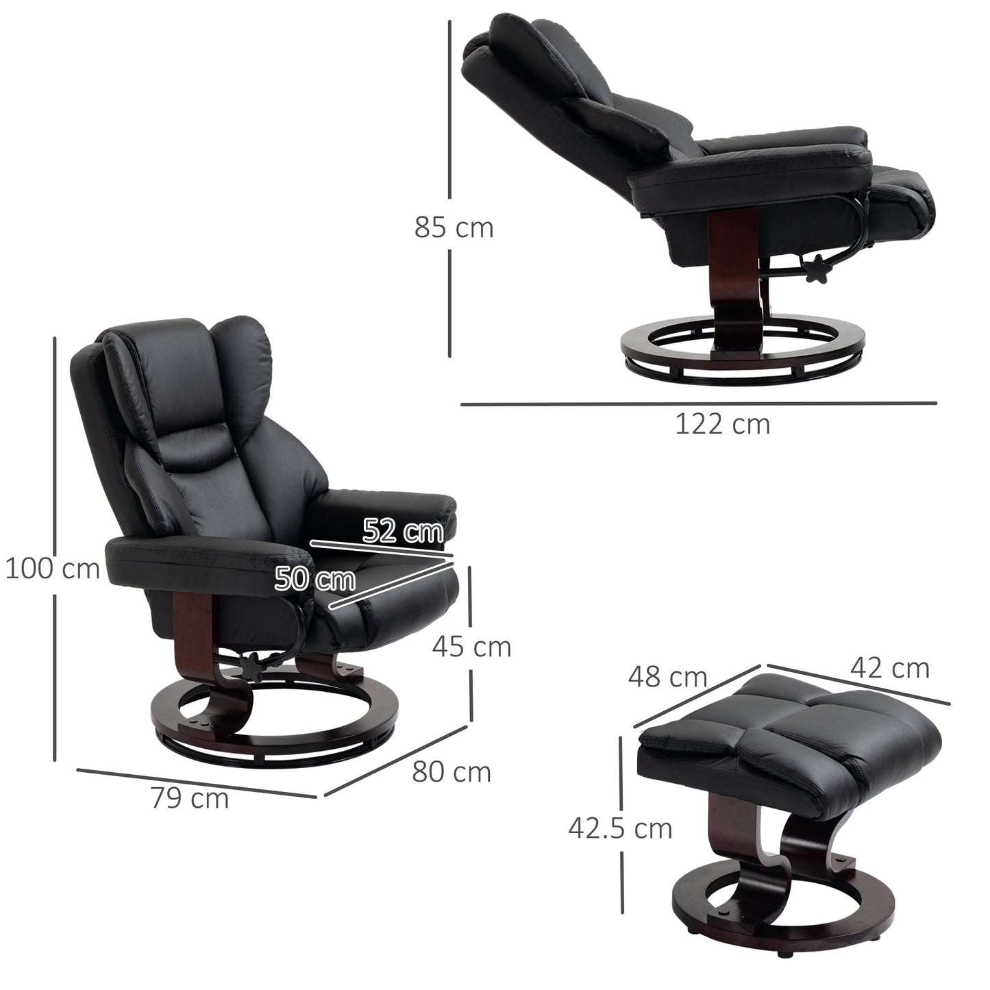 HOMCOM 360 degrees Swivel Recliner Chair with Footstool, PU Leather Manual Recliner Armchair with Footstool, Solid Wood Base, Upholstered Reclining Chair for Living Room, Bedroom, Office, Black