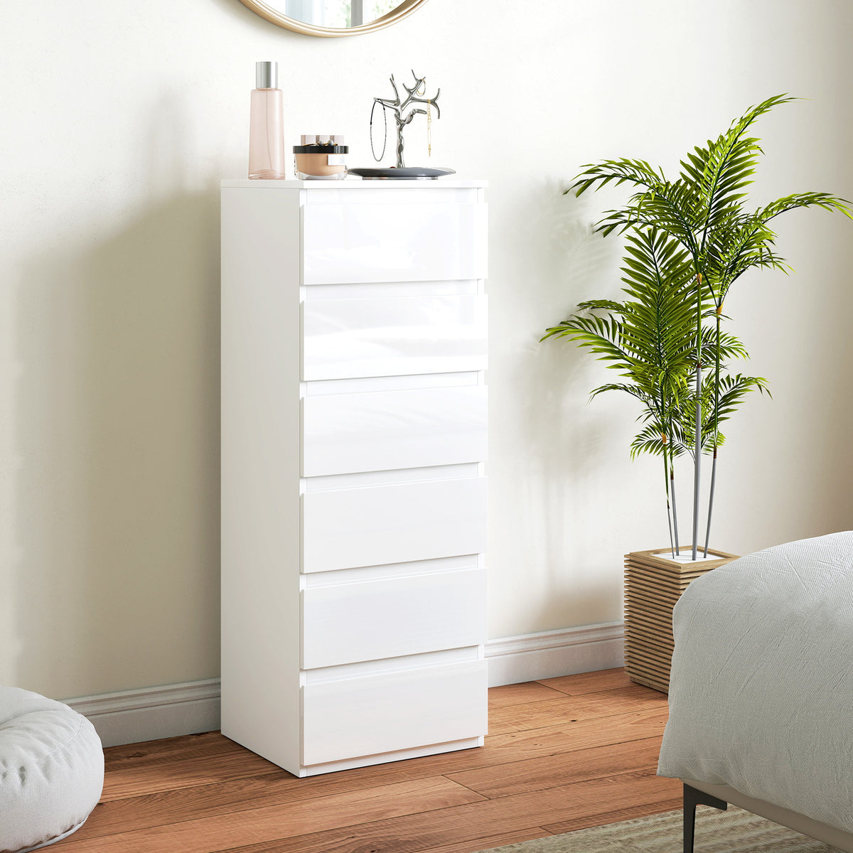 HOMCOM Chest of Drawers High Gloss Finish 6 Drawer Dresser in High-gloss White