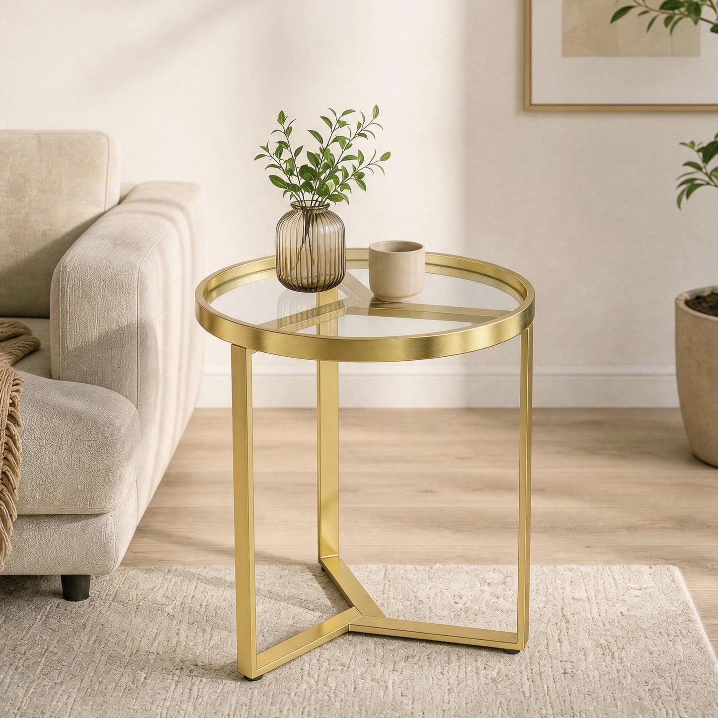 HOMCOM Round Side Table with Tempered Glass Top and Geometric Metal Frame for Small Space, Gold Tone