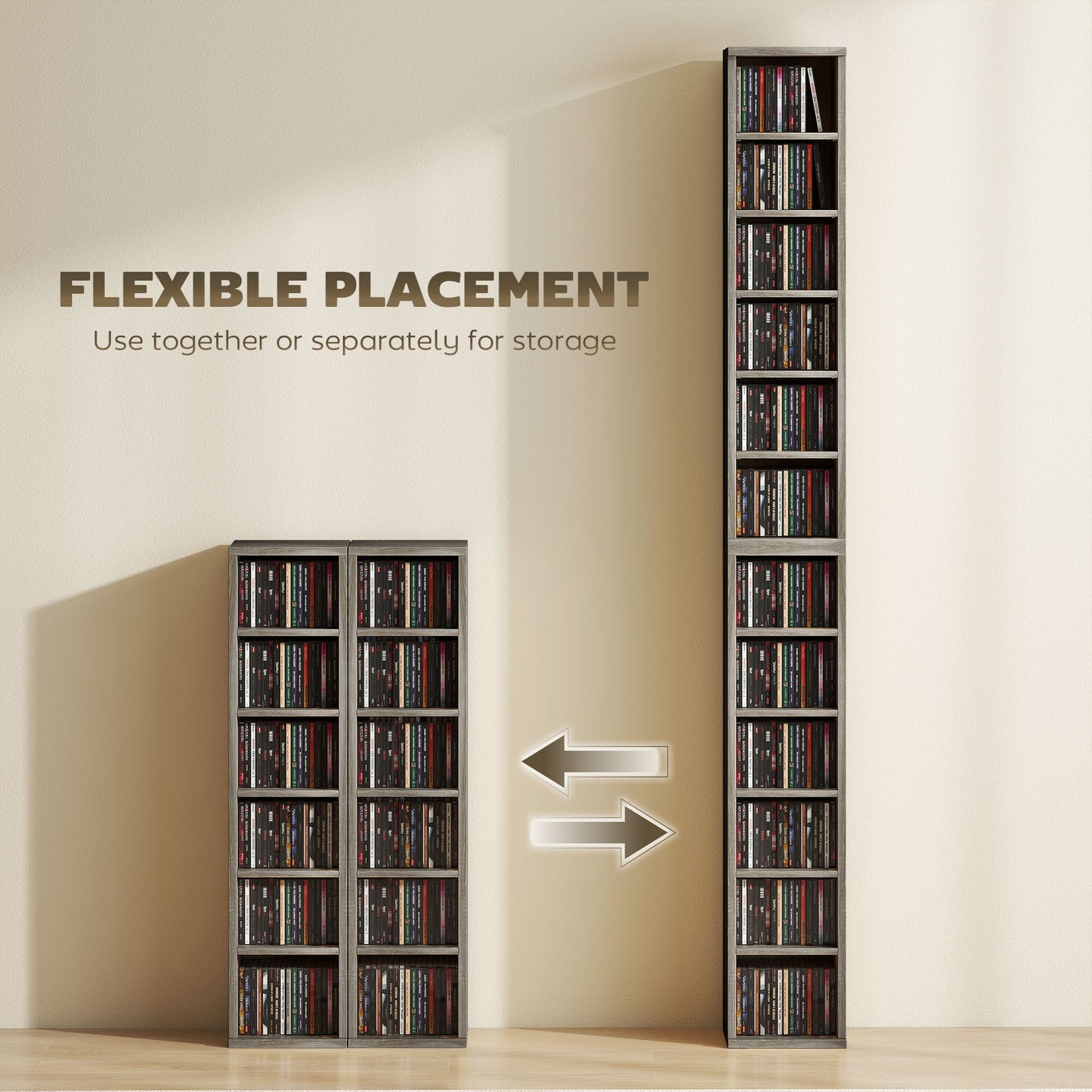 HOMCOM Set of 2 CD Media Display Shelf Unit Tower Rack with Adjustable Shelves, Distressed Grey