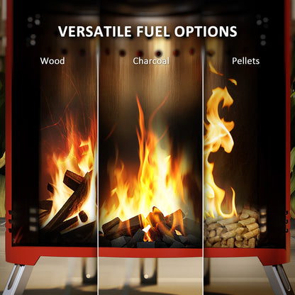 Outsunny Smokeless Fire Pit, 16 x 16 cm Stainless Steel Portable Wood Burning Firepit with Poker, Wood or Pellet Fuelled Tabletop Fire Pit for Garden Camping Bonfire Party, Red