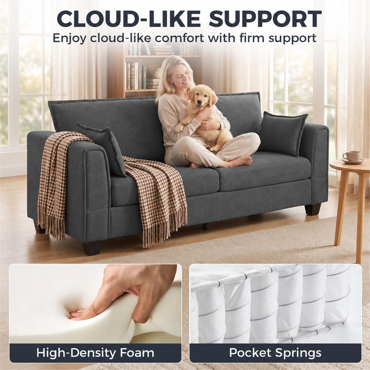 HOMCOM 3 Seater Sofa, Linen Upholstered Sofa Couch with Spring Cushions, Thick Padding, Wide Padded Armrests, Dark Grey