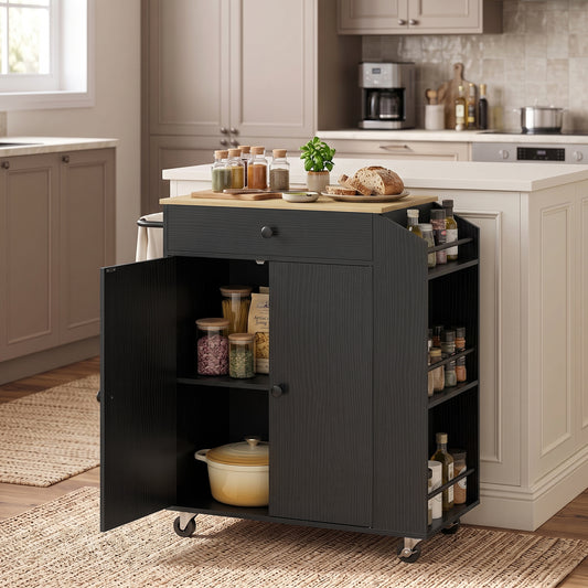 HOMCOM Rolling Kitchen Island with 3-Tier Spice Rack in Black