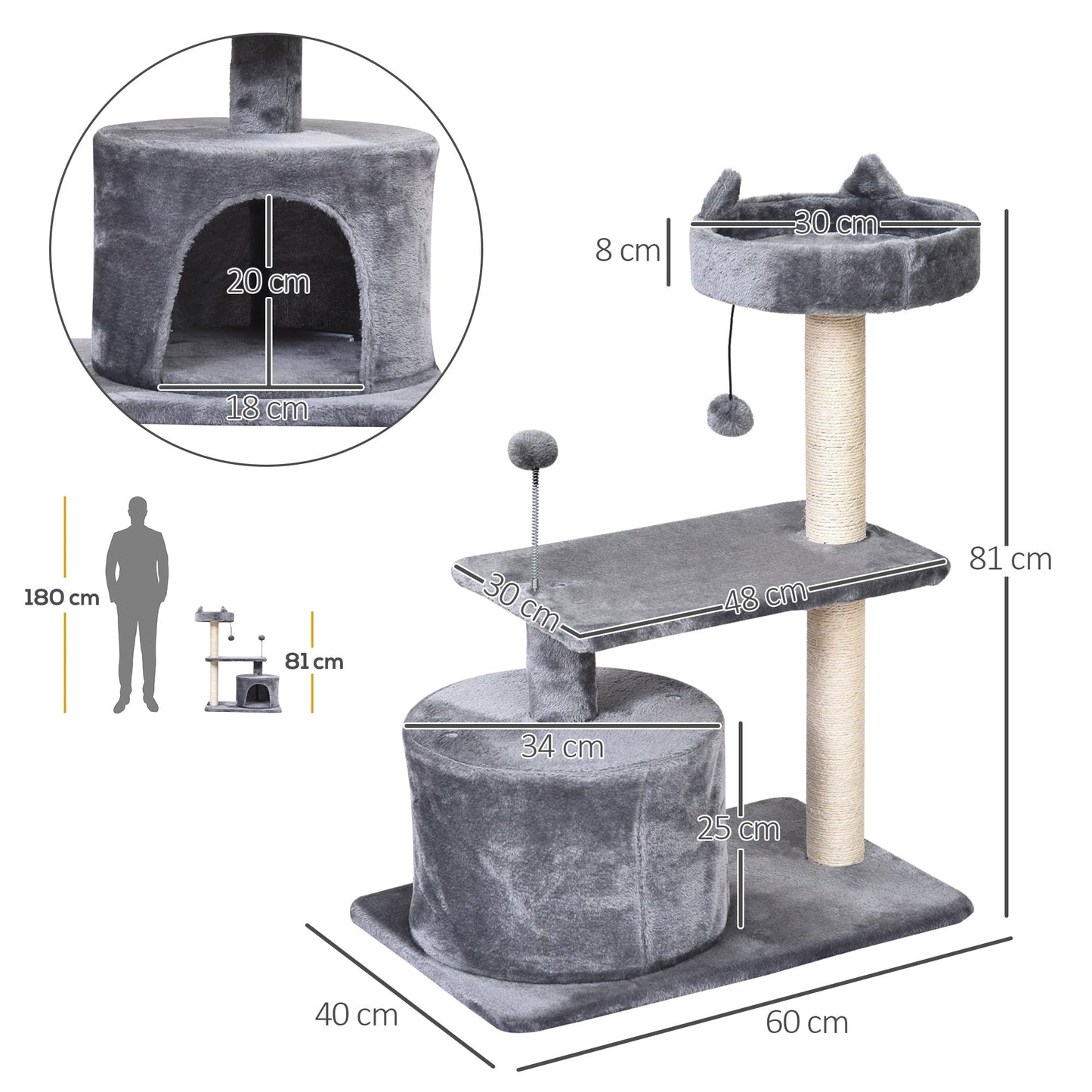 PawHut Cat Tree for Indoor Cats with Scratching Post Climbing Tower Kitty Activity Centre Condo Perch Jumping Platforms Grey 60L x 40W x 81H cm