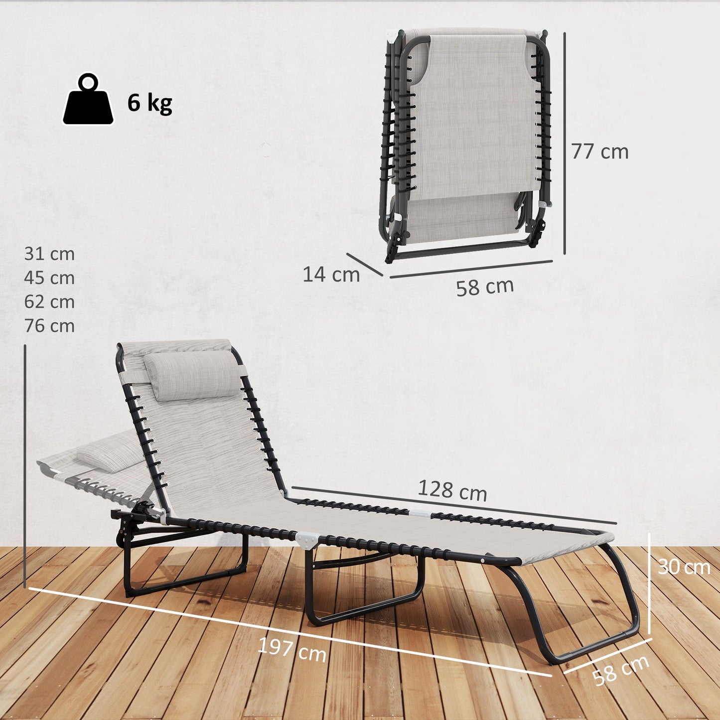 Outsunny Foldable Sun Lounger, Outdoor 4 Level Adjustable Backrest Reclining Chaise Chair, Steel Frame Recliner Chair for Camping, Hiking, Cream White