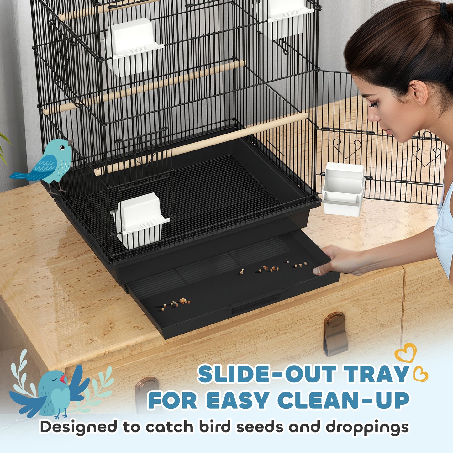 PawHut Metal Bird Cage with Plastic Swing, Perch, Food Container, Tray, Handle, for Finches, Canaries, 43 x 32.5 x 104cm