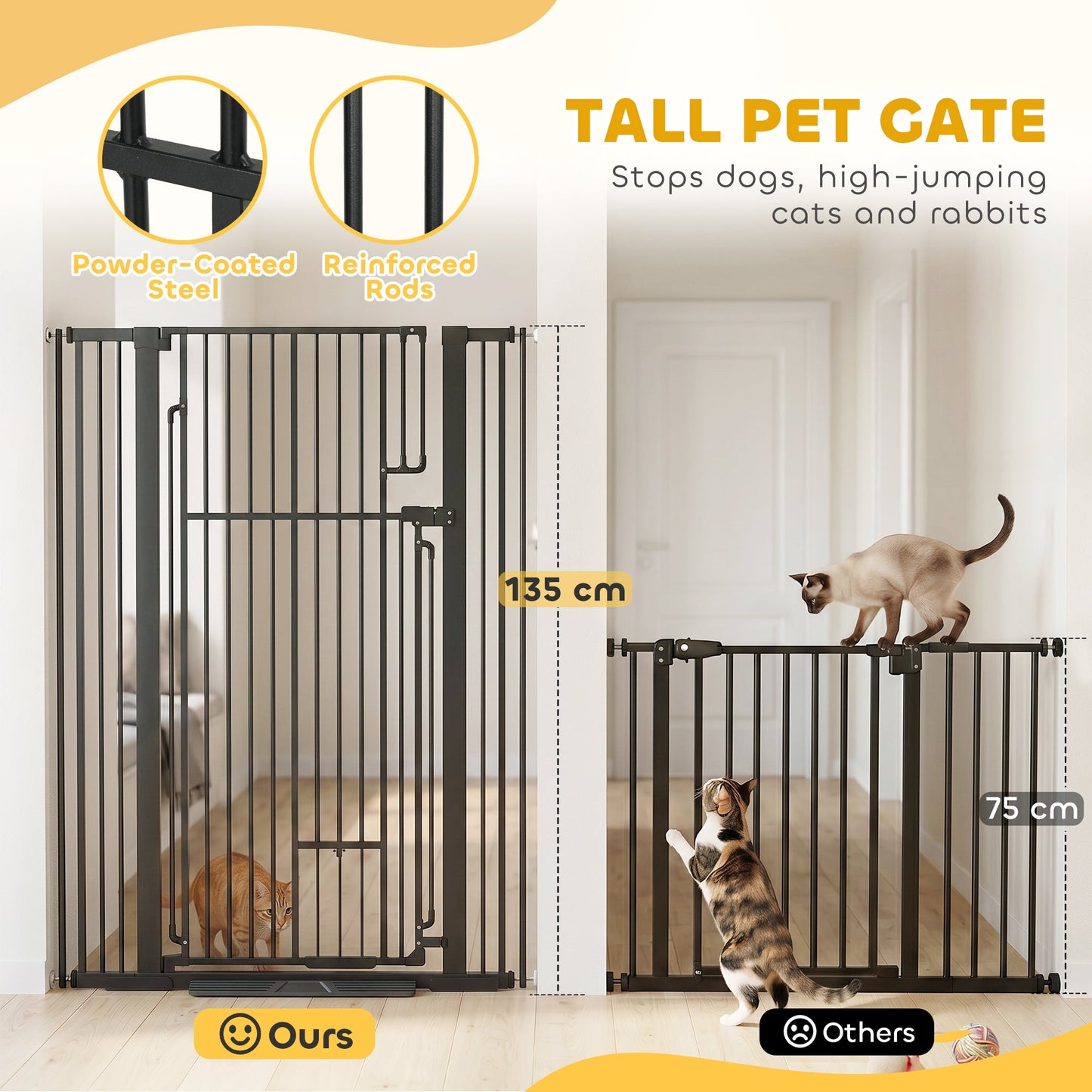 PawHut 135cm Extra Tall Dog Gate with Cat Door, Fits Openings 81-108 cm Pressure Mounted for Doorways, Hallways, No Drilling