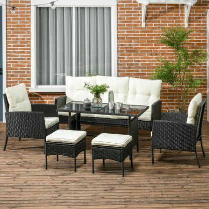 Outsunny 5 Seater Rattan Garden Furniture Set, 2 Armchairs, 3-Seater Wicker Sofa, 2 Footstools and Glass Table, 6 Piece Patio Rattan furniture Sofa Sets with Cushions for Conservatory, White
