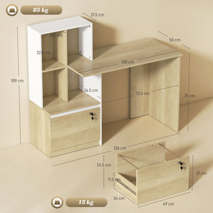 HOMCOM Computer Desk, Office Desk with Bookshelf, File Drawer and Legal Hanging File Holders, Oak Wood Effect