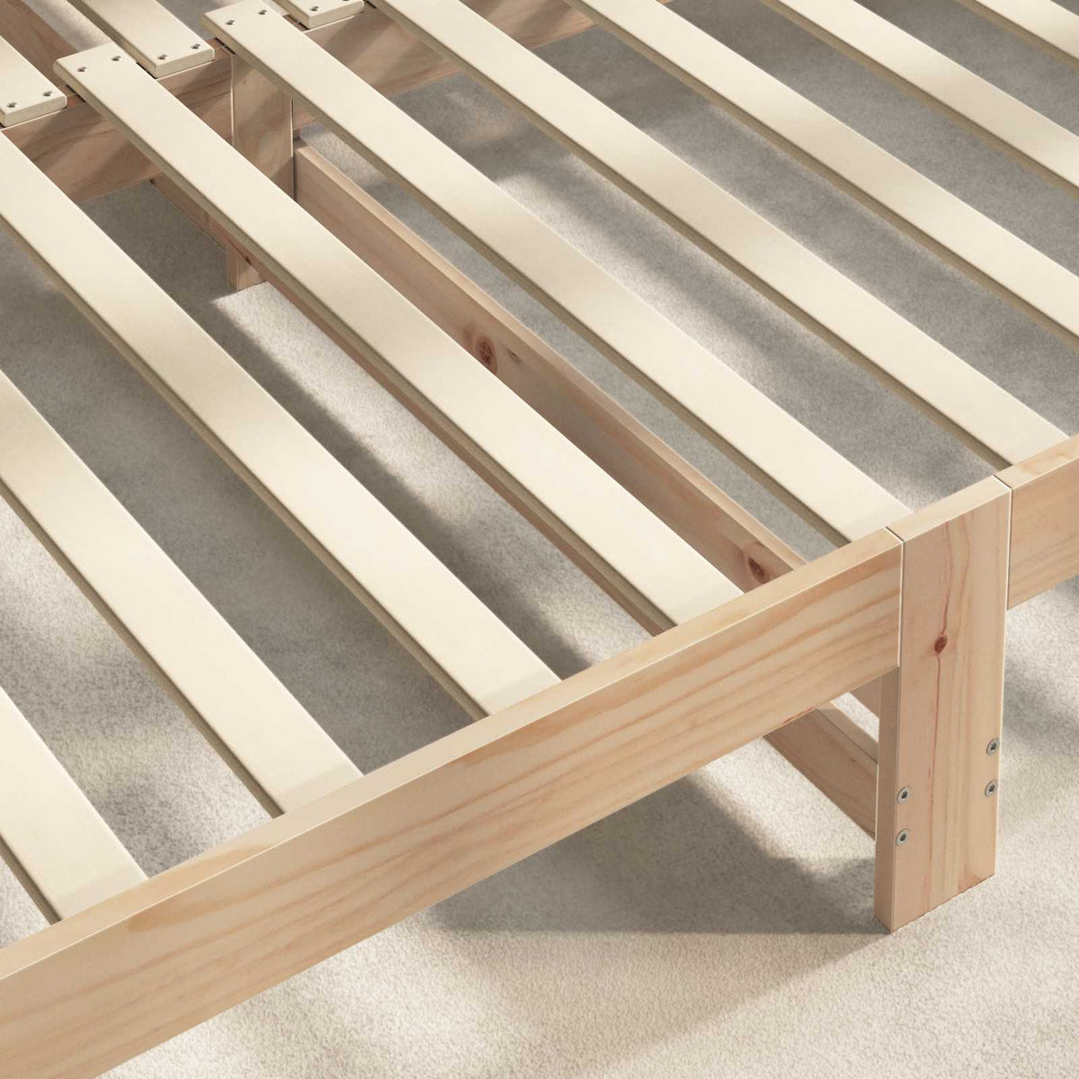 Close-up of the wooden bed frame and slats showing construction detail