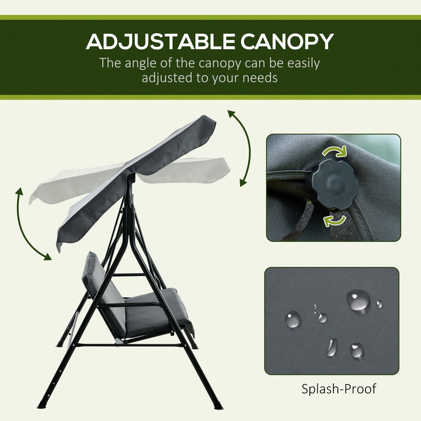 Outsunny 3 Seater Garden Swing Chair, Outdoor Swing Chair with Adjustable Canopy, Mental Frame & Cushions, Grey
