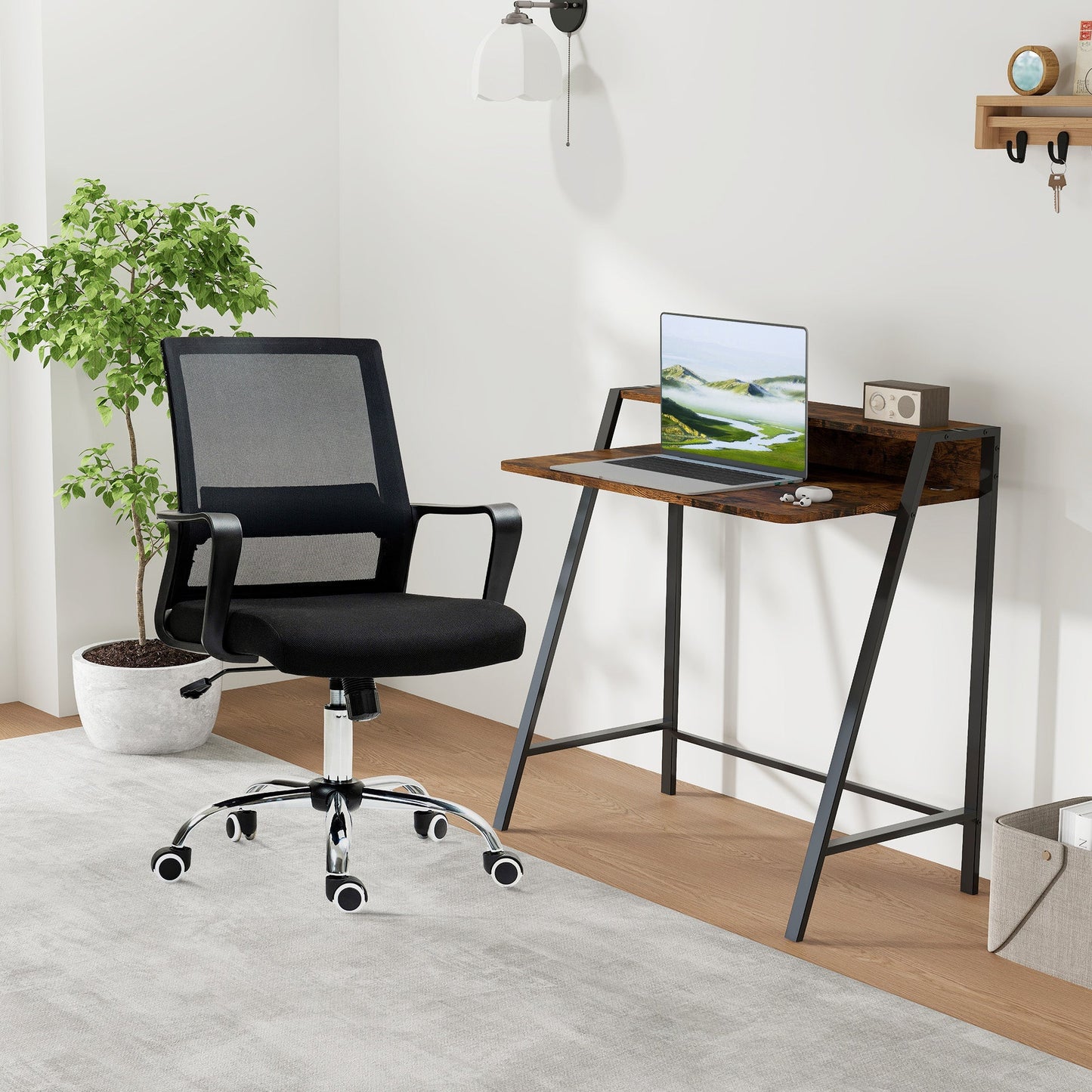 Vinsetto Home Office Chair and Computer Desk Set, Mesh Chair with Swivel Wheels, Study Desk with Storage Shelf, Rustic Brown and Black